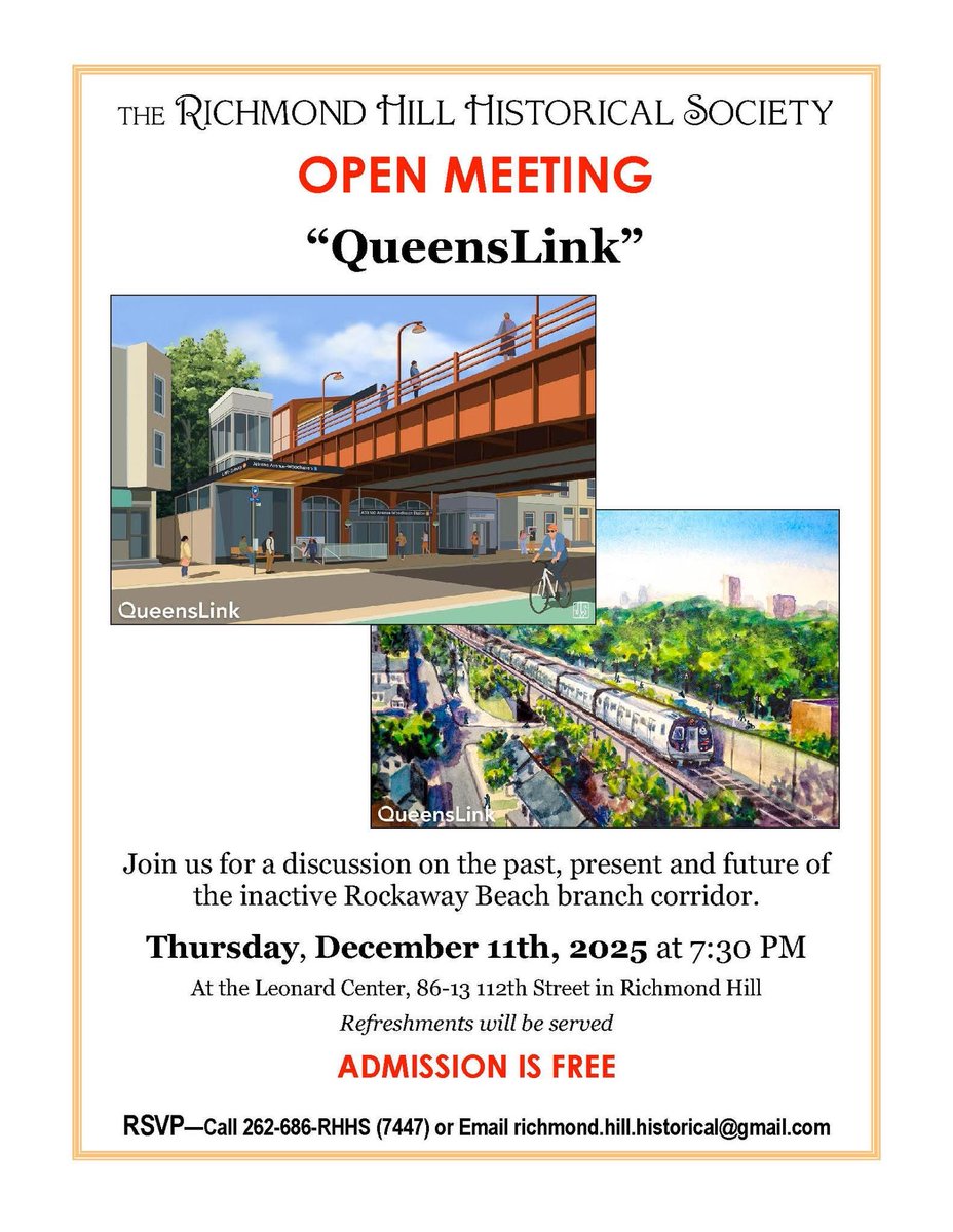 Join us next Thursday (Dec 11th) for an open meeting with the Richmond Hill Historical Society on the past, present, and future of the Rockaway Beach Branch! The event is at 7:30pm at the Leonard Center (86-13 112th St). #BuildtheQueensLink