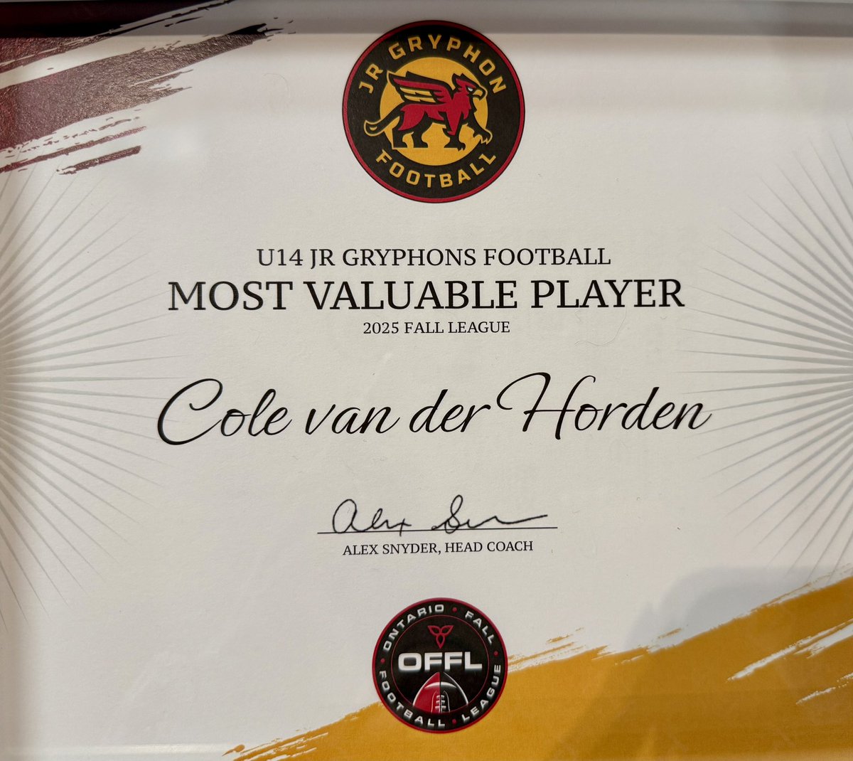 colevdh24's tweet photo. 🏆Honored to be named MVP🏆

I couldn’t have had this amazing season without my team! Special thanks to our QB Josh Cummings and our O-Line led by Noah Baggio & Imad Hamzi, who made my success as a RB possible.

Big thanks to the coaches who never stopped believing in me — Coach Alex Snyder, Coach Jeff Cummings, Coach Bruce Clarke, Coach Dave Webb, and Coach Erik dela Cruz.

And to the coach who pushes me the most, my dad, Steve van der Horden — this award happened because you pushed me to get better every day.
#MVP #NextLevel #GrindSeason #FootballRecruit #CollegeRecruit #OFFL #FootballOntario #player20 #GMFA