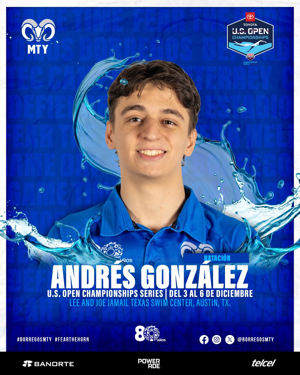 BorregosMty's tweet photo. 🏊♂️ U.S. OPEN CHAMPIONSHIPS
Andrés González participará en las pruebas de 50 y 100 libres en la competencia a celebrarse en el Lee and Jamail Texas Swim Center de Austin, TX.🇺🇸.
¡ÉXITO ANDRÉS!🤘🏻🐏
#BorregosMty #USAswimming #USopen #Austin #Texas #swim #natacion #longcourse https://t.co/6bSUPOl6jT