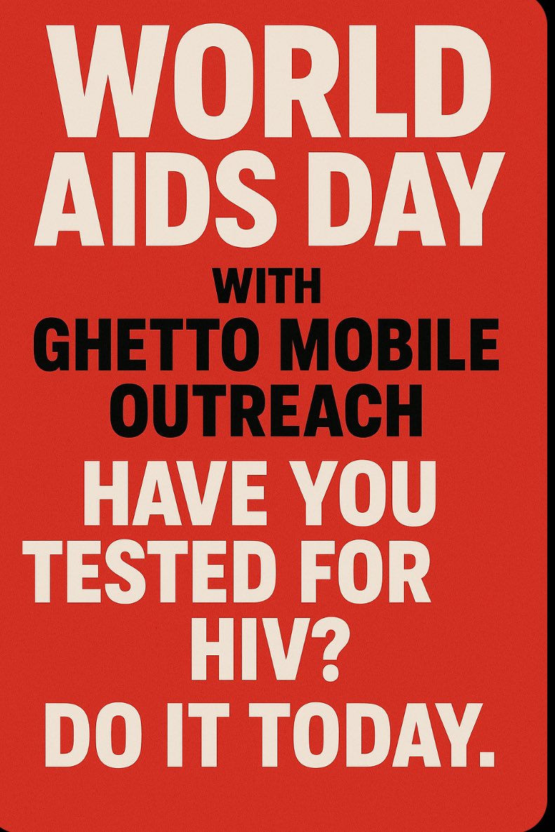 At Ghetto Mobile Outreach, we stand with our communities in the fight against HIV.

Get tested today. Know your status. Protect your future.
Everyone deserves the best chance in life. ❤️‍🩹🎗️

#WorldAIDSDay #GetTested I#KnowYourStatus #GhettoMobileOutreach