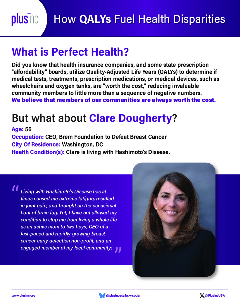 PlusIncUSA's tweet photo. Clare Dougherty shares her perspectives on Quality Adjusted Life Years (#QALYs) and why they don't value her many contributions to the world around her. Learn more: https://t.co/mNxqvAijOP @Claremdowling @bremfoundation https://t.co/c88q0lD2x6