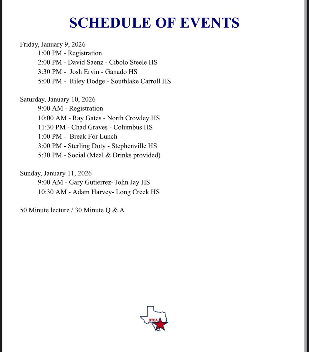 2026 STCA Coaches Clinic ( Jan 9th - 11th)… Hotel Valencia on the SA River Walk… A great lineup of speakers!!!