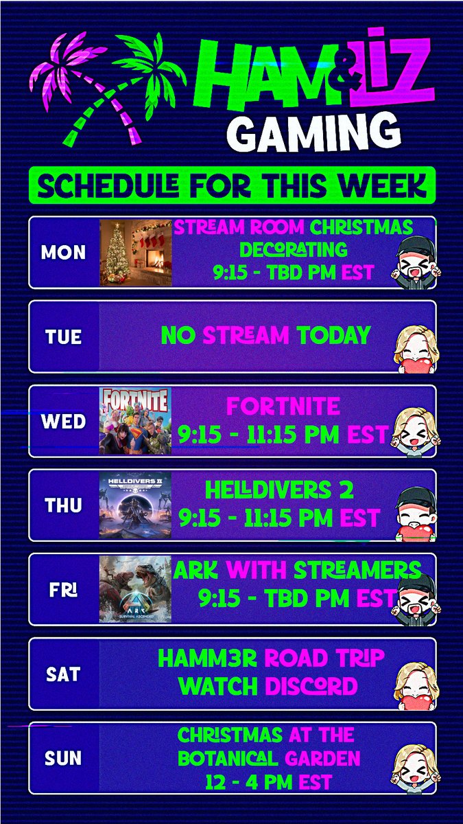 HamandLizGaming's tweet photo. We have a action packed and fun week ahead. Games, IRL and More you wont want to miss out. #StreamSchedule #CoupleGoals #StreamingCouple #HELLDIVERS2 #Fortnite #IRL #ARKSurvivalAscended #DuoStream https://t.co/NfA3FGMdNi https://t.co/l1jIPaY82O