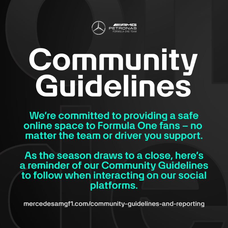 MercedesAMGF1's tweet photo. As we approach the end of the season, maintaining a respectful and safe environment is a priority.

We need your help to make sure our channels are safe and welcoming 👇

Thank you to all the fans who share our belief in making this happen 👏