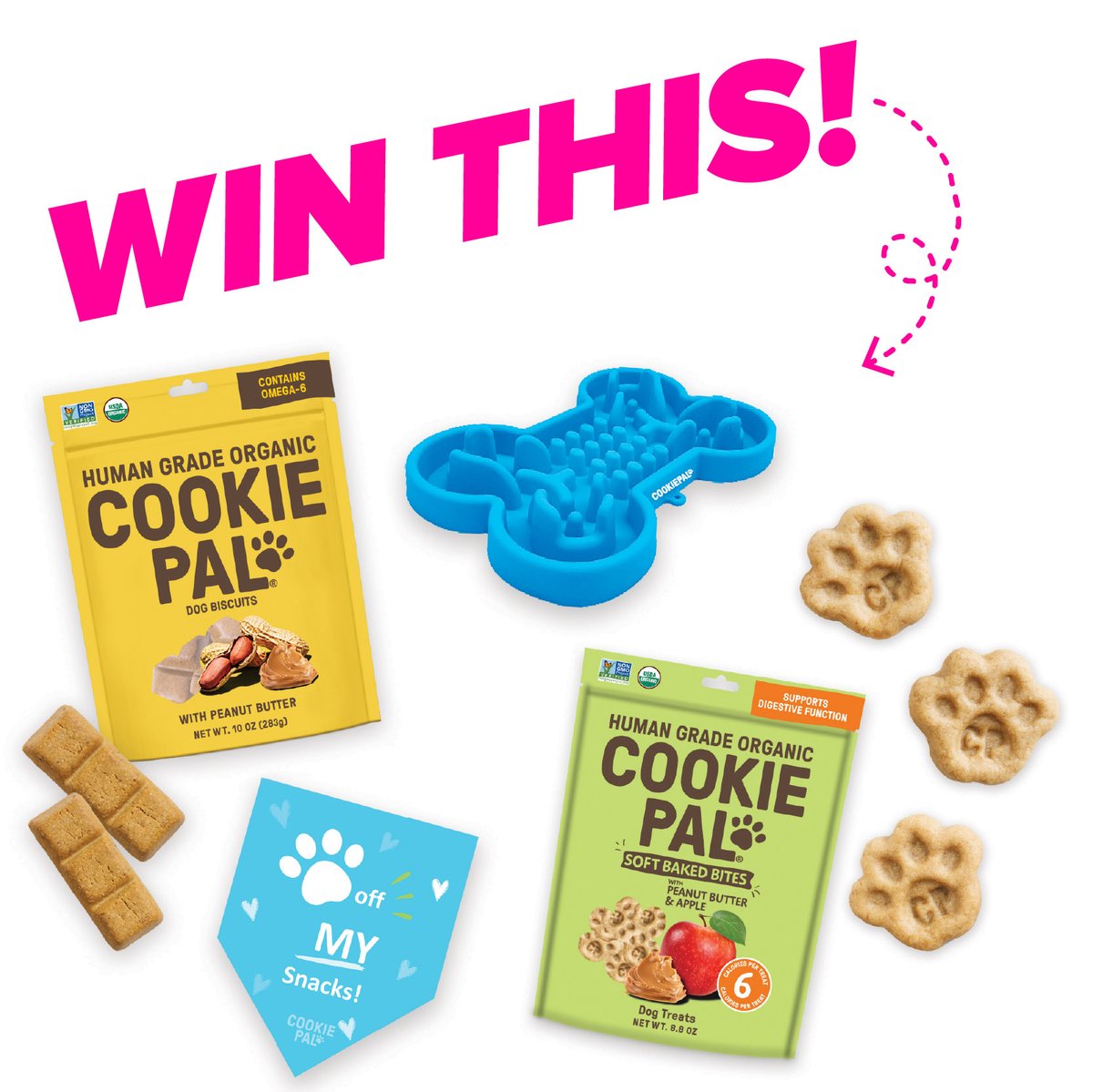 ✨Giveaway time!✨
Win 1 of 4 COOKIE PAL human grade, organic dog treat prize packs. Includes 2 bags each of their bestselling Peanut Butter Biscuits and Peanut Butter &amp; Apple Soft Baked Bites, plus a bone-shaped slow feeder and a pet bandana!
Enter Now: moderndogmagazine.com/articles/givea…