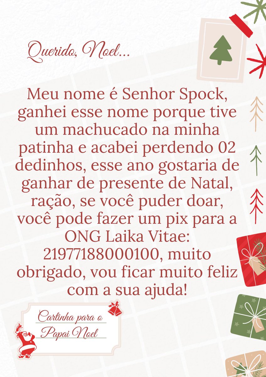 LaikaVitae's tweet photo. O Senhor Spock um ferimento que gerou uma bicheira, isso fez com que ele perdesse 02 dedinhos, ele está sobre a responsabilidade da ONG Laika Vitae e ele gostaria de ganhar ração de presente no Natal, se você puder fazer um pix em qualquer valor para: 21977188000100
#laikavitae https://t.co/ugXEjQjWlZ