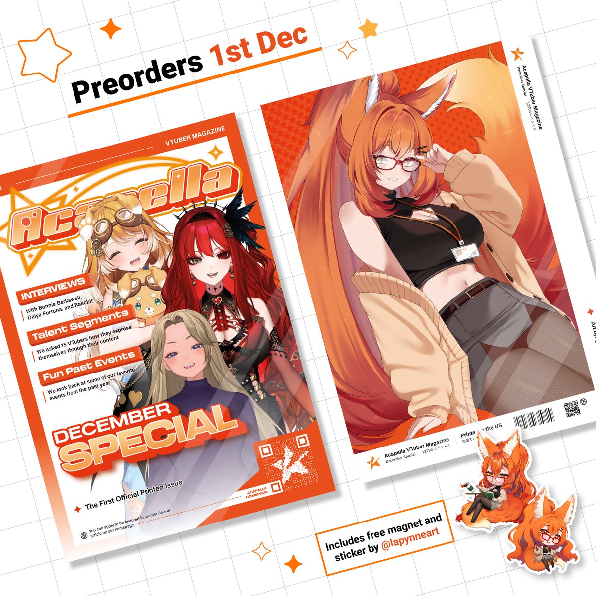 AcapellaEN's tweet image. 【✨Physical Pre-Orders are Open✨】  

The wait is over! Thanks to our collaboration with @RaechitMerch, you can get a physical copy of our December issue for yourself. Each order also comes with a free magnet and sticker of our mascot, Eva! 

Pre-orders will be open for 1 month…