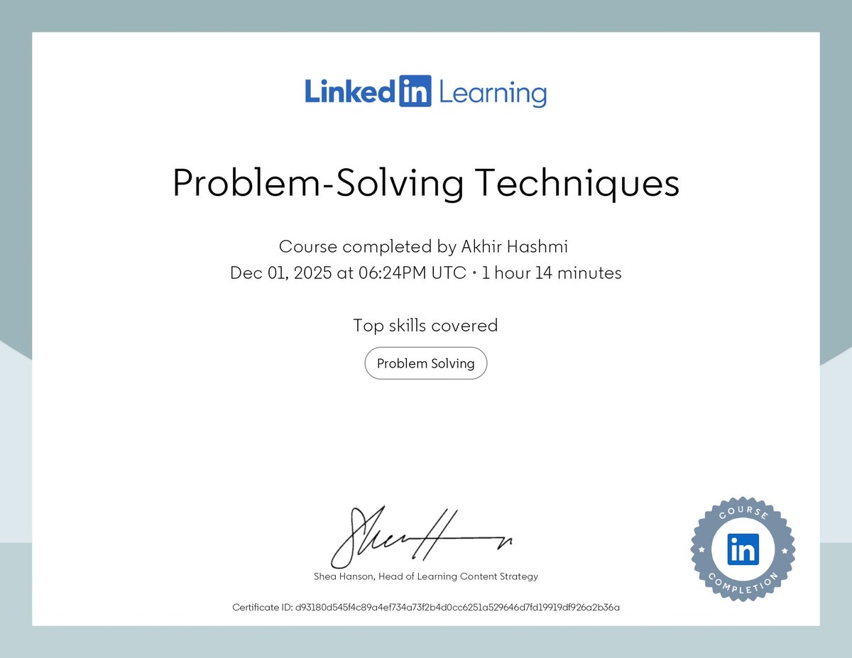 HashmiAakhir's tweet image. Problem solving skills upgraded—certificate unlocked! 🚀 

#LinkedInLearning #ProblemSolving&quot;