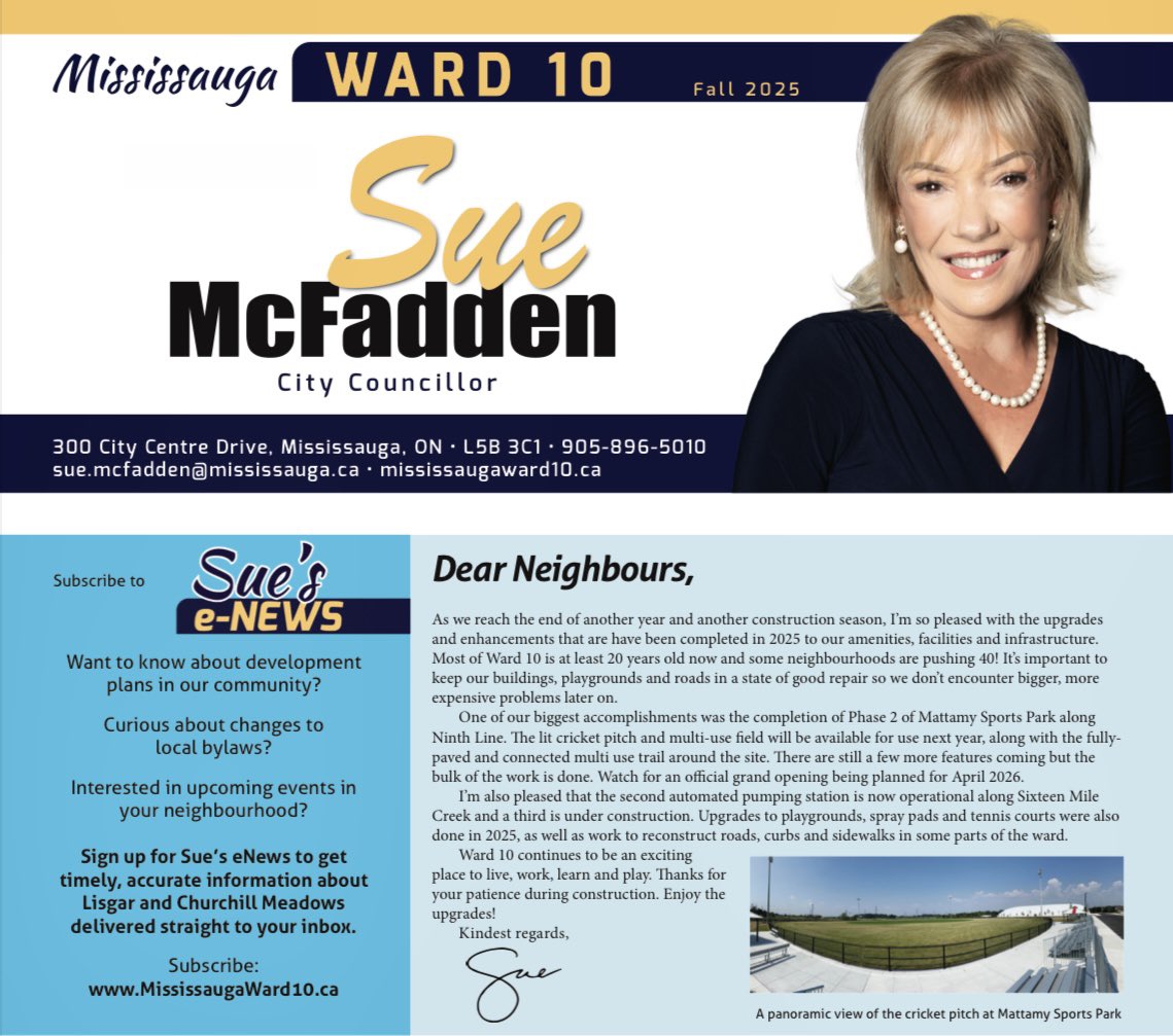 Dear neighbours, my Fall 2025 newsletter has been printed and distributed to households throughout Ward 10, Mississauga. It will be arriving in your Canada Post mailbox soon, if you did not receive it last week. A digital copy is available on my website: mississaugaward10.ca/wp-content/upl…