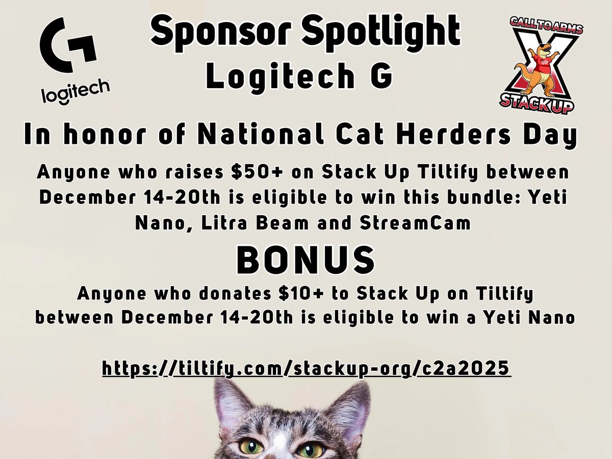 StackUpDotOrg's tweet image. Stack Up&apos;s fundraising giveaways for 2025 are not over yet. We&apos;re holding a week long Sponsor Spotlight in honor of National Cat Herders Day! 

Haven&apos;t won a giveaway yet? Here&apos;s your chance. Even if you don&apos;t win, by raising $50, you&apos;ll get a Call to Arms X decal.…
