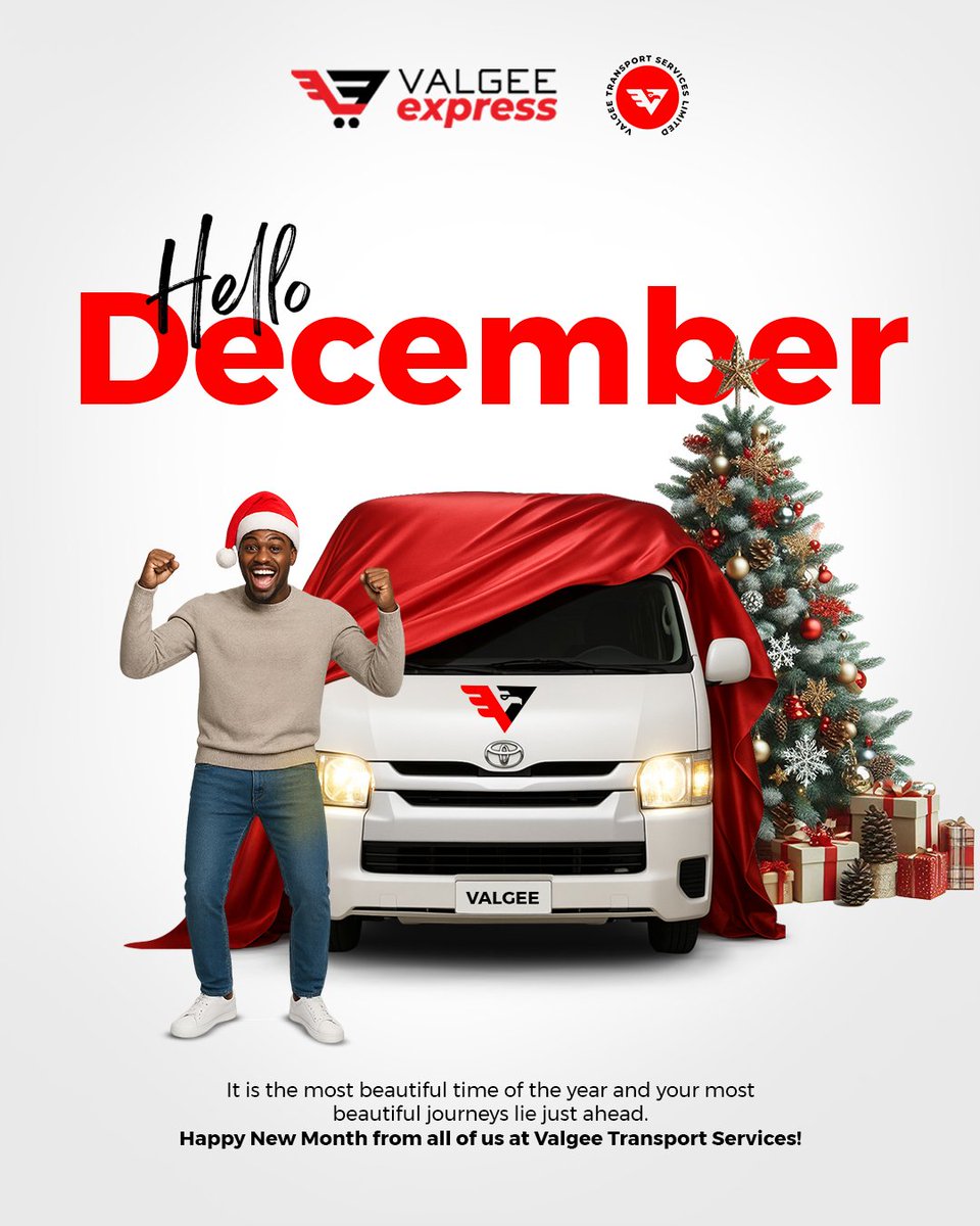 Happy new month from all of us at Valgee Transport Services 

Thank you for trusting us with your journeys thus far. May the new month lead us together to many beautiful destination! 

Christmas is in the air! Who's excited? ☺️ 

#valgeetransportservices #happynewmonth
#December