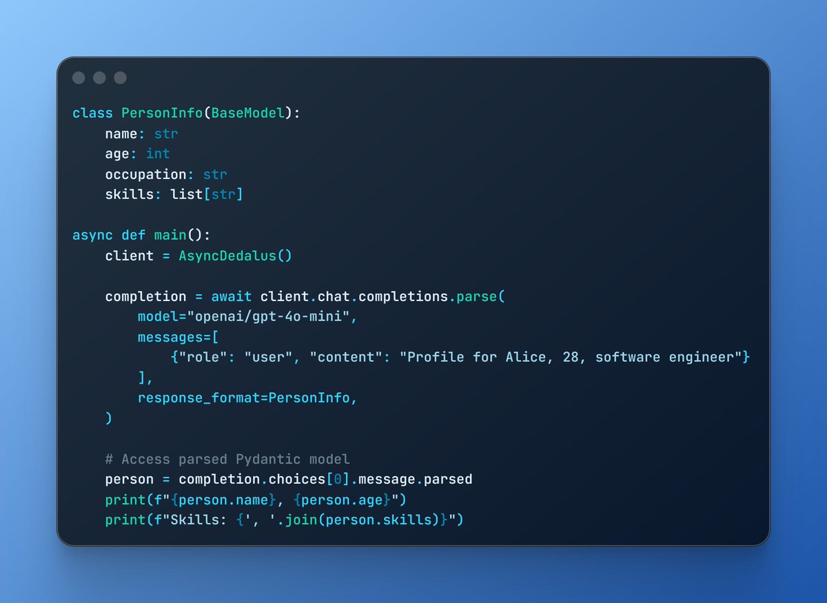 dedaluslabs's tweet image. Structured outputs ensure API responses always match your specified JSON schemas.

Start building streamable agents with the only SDK that handles structured outputs across all models from major providers, including OpenAI, Anthropic, Google, xAI, etc.