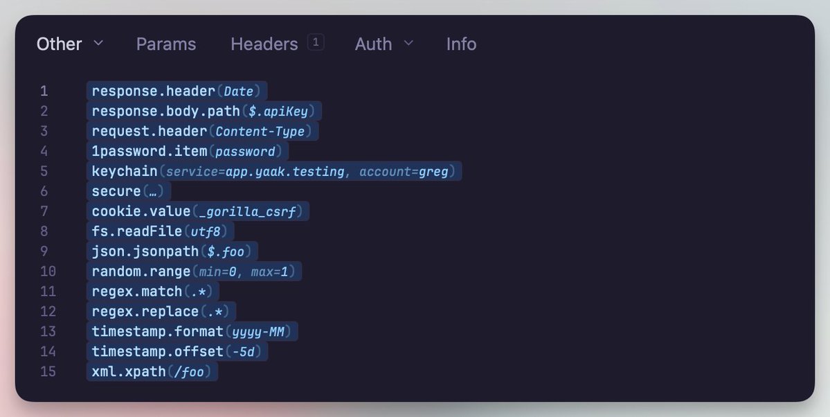 YaakApp's tweet image. 👀 Show relevant arguments in template function tags

The template function plugin API now supports a new previewArgs parameter. When configured, the values of these preview arguments are displayed inside the template function tag.