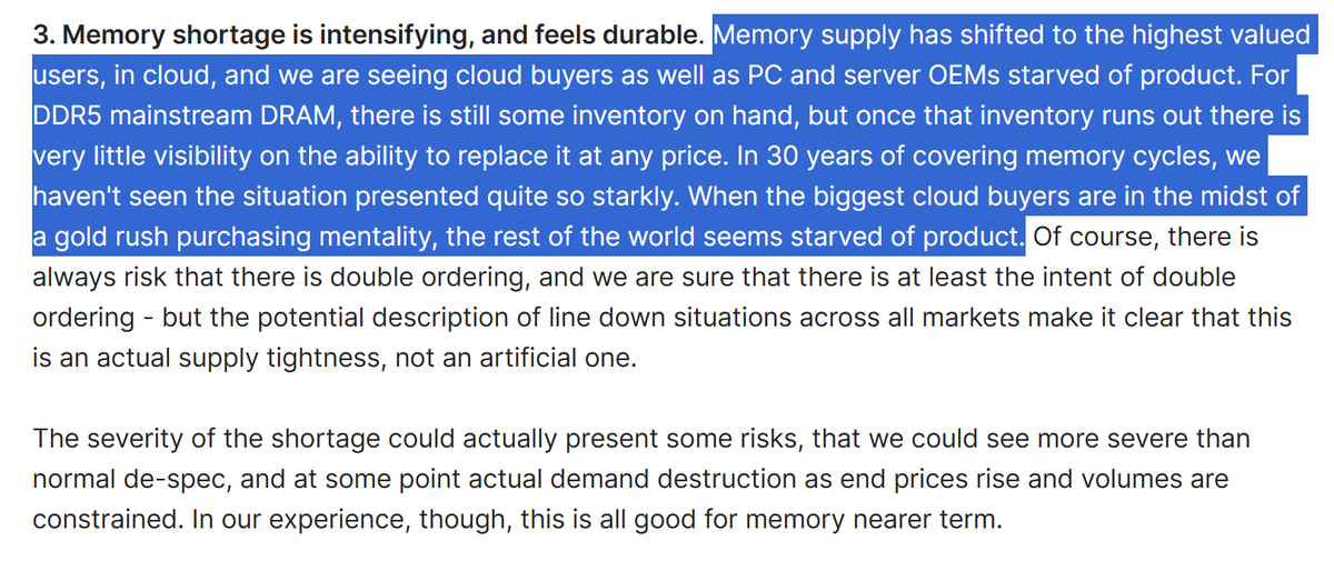 EricJhonsa's tweet image. A few notable comments from a Morgan Stanley report on Asian semi checks. $MU $TSM $INTC $AMD

&quot;For DDR5 mainstream DRAM, there is still some inventory on hand, but once that inventory runs out there is very little visibility on the ability to replace it at any price. In 30 years…