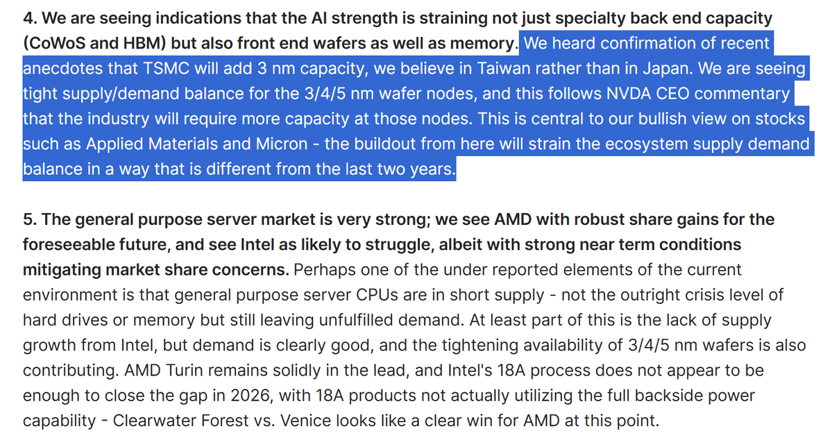 EricJhonsa's tweet image. A few notable comments from a Morgan Stanley report on Asian semi checks. $MU $TSM $INTC $AMD

&quot;For DDR5 mainstream DRAM, there is still some inventory on hand, but once that inventory runs out there is very little visibility on the ability to replace it at any price. In 30 years…