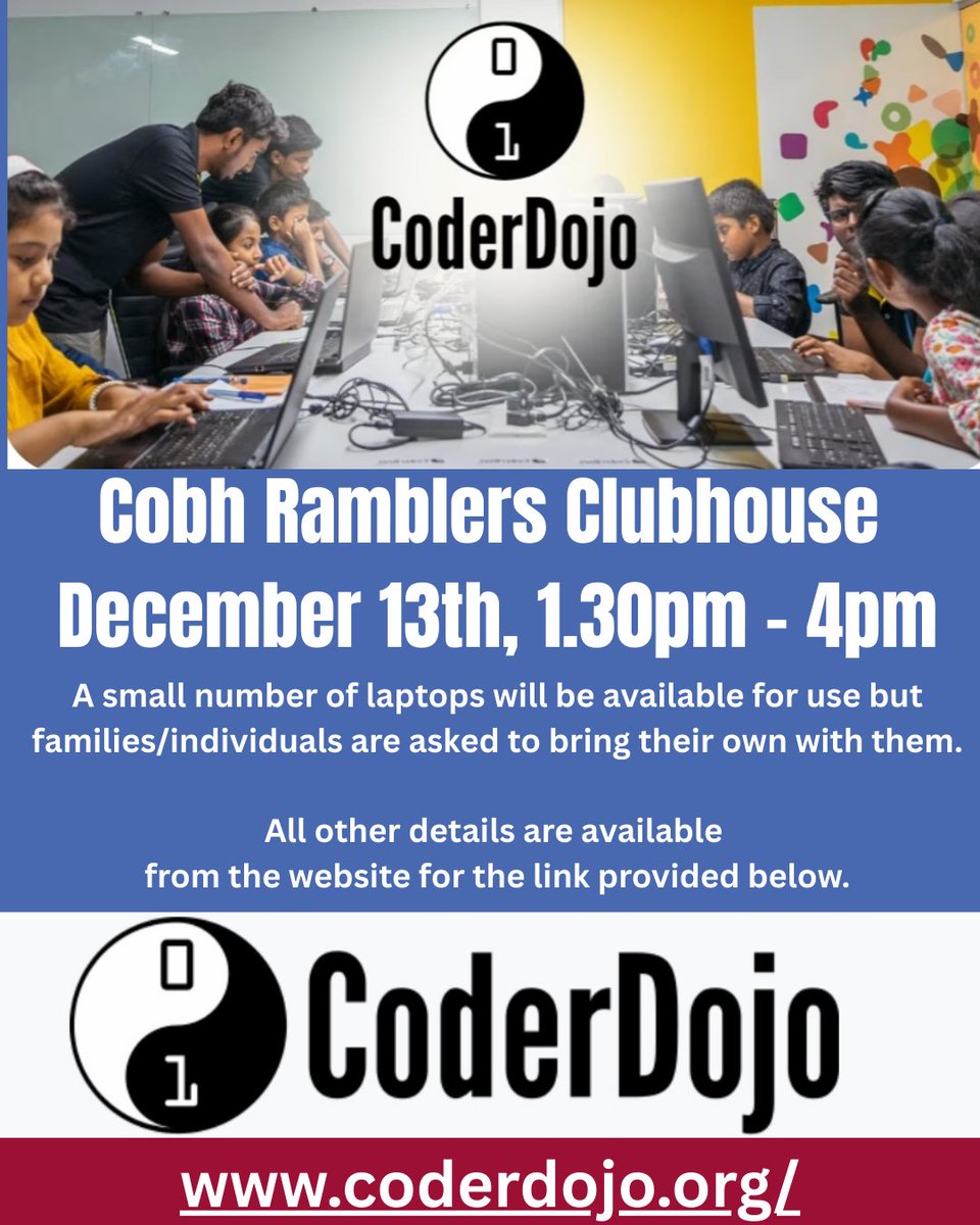 CobhRamblersFC's tweet image. We are going to have CoderDojo starting up on December 13th in the clubhouse between 1.30 and 4pm.

CoderDojo is a global movement of free, open coding clubs (Dojos) for young people aged 7 to 17 (Ninjas) where they can explore technology with the support of their fellow Ninjas…