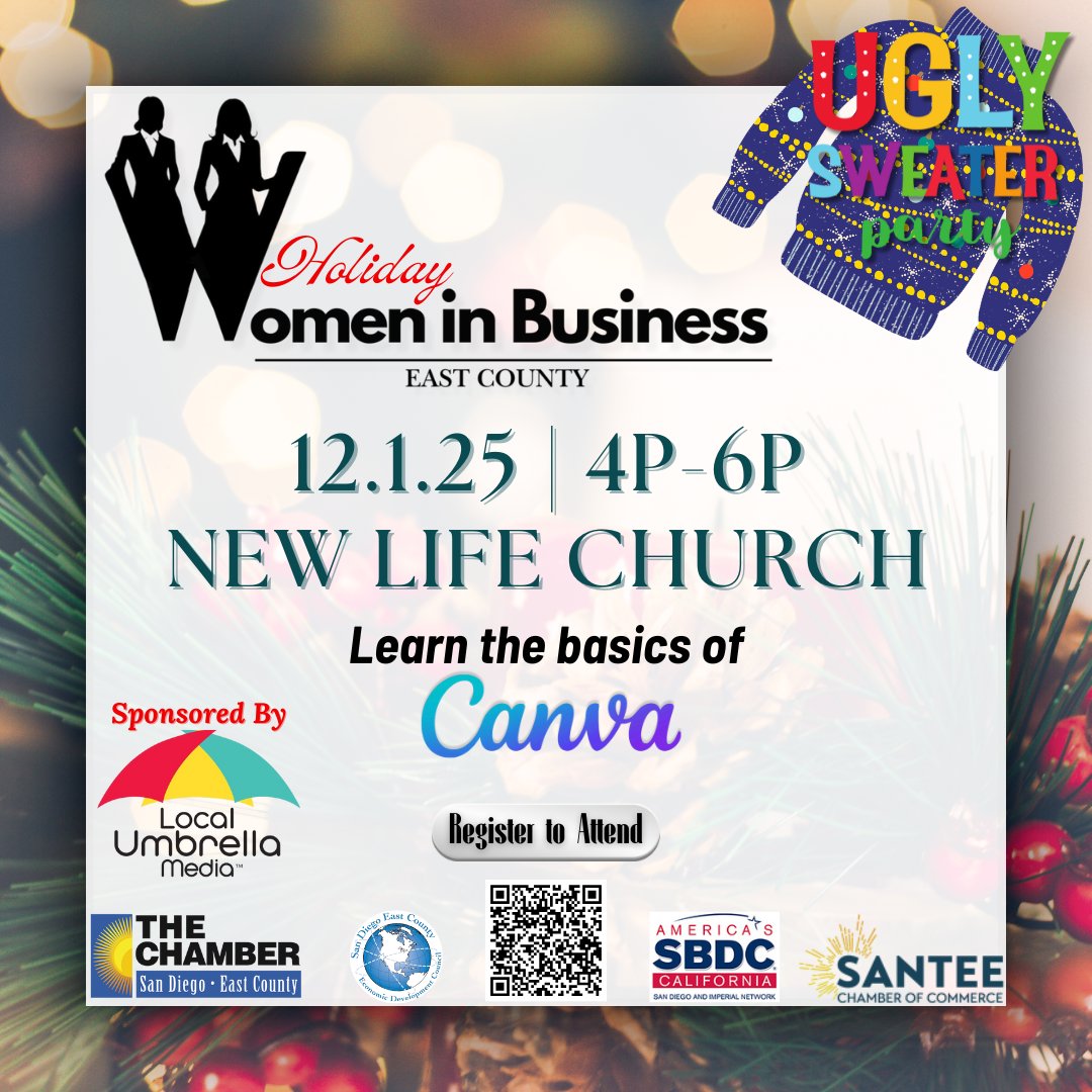 sdeccc's tweet image. Friendly reminder to join us TODAY at 4pm for Women in Business East County (holiday edition!) ☃️ 

RSVP: ow.ly/m6xO50Xri52

#SDECCC #WIB #EastCountySD #WomenInBusiness #ChamberEvents #SanDiegoNetworking
