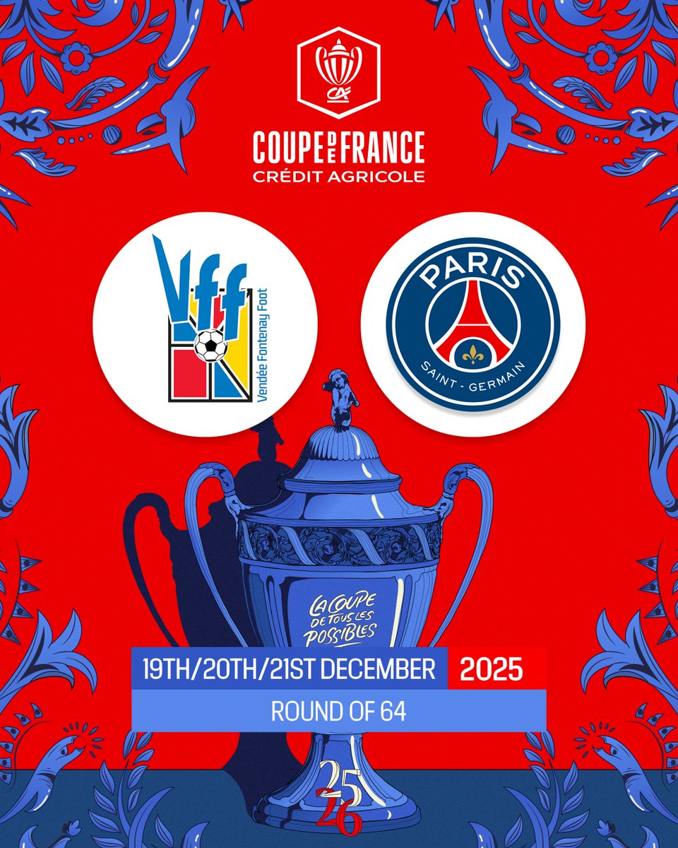 PSG_inside's tweet image. Nos Rouge et Bleu iront défier le Vendée Fontenay-Foot, pour le compte des 32es de finale de la @coupedefranceCA. 🏆