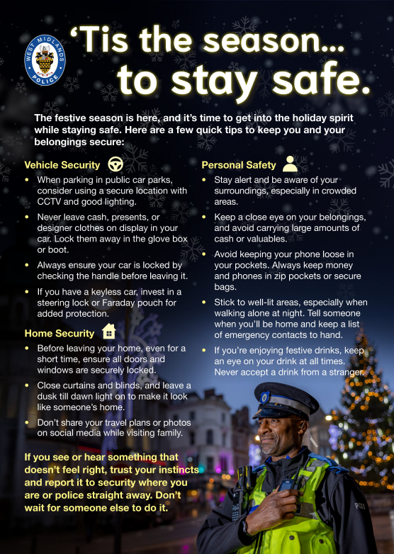 This afternoon, the team have been out offering advice in Wednesfield on keeping yourself and your belongings safe this Christmas season.🎄

Over this busy period, thieves can take advantage of busy areas, defrosting cars and insecure homes.

Read more: westmidlands.police.uk/cp/crime-preve…