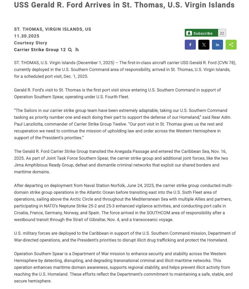 G4bbyta's tweet image. ¿Dónde está el portaaviones y por qué se movilizó?

“El portaaviones de última generación USS Gerald R. Ford (CVN 78), actualmente desplegado en el área de responsabilidad del Comando Sur de los Estados Unidos, arribó a St. Thomas, Islas Vírgenes de EE.UU., para una visita…