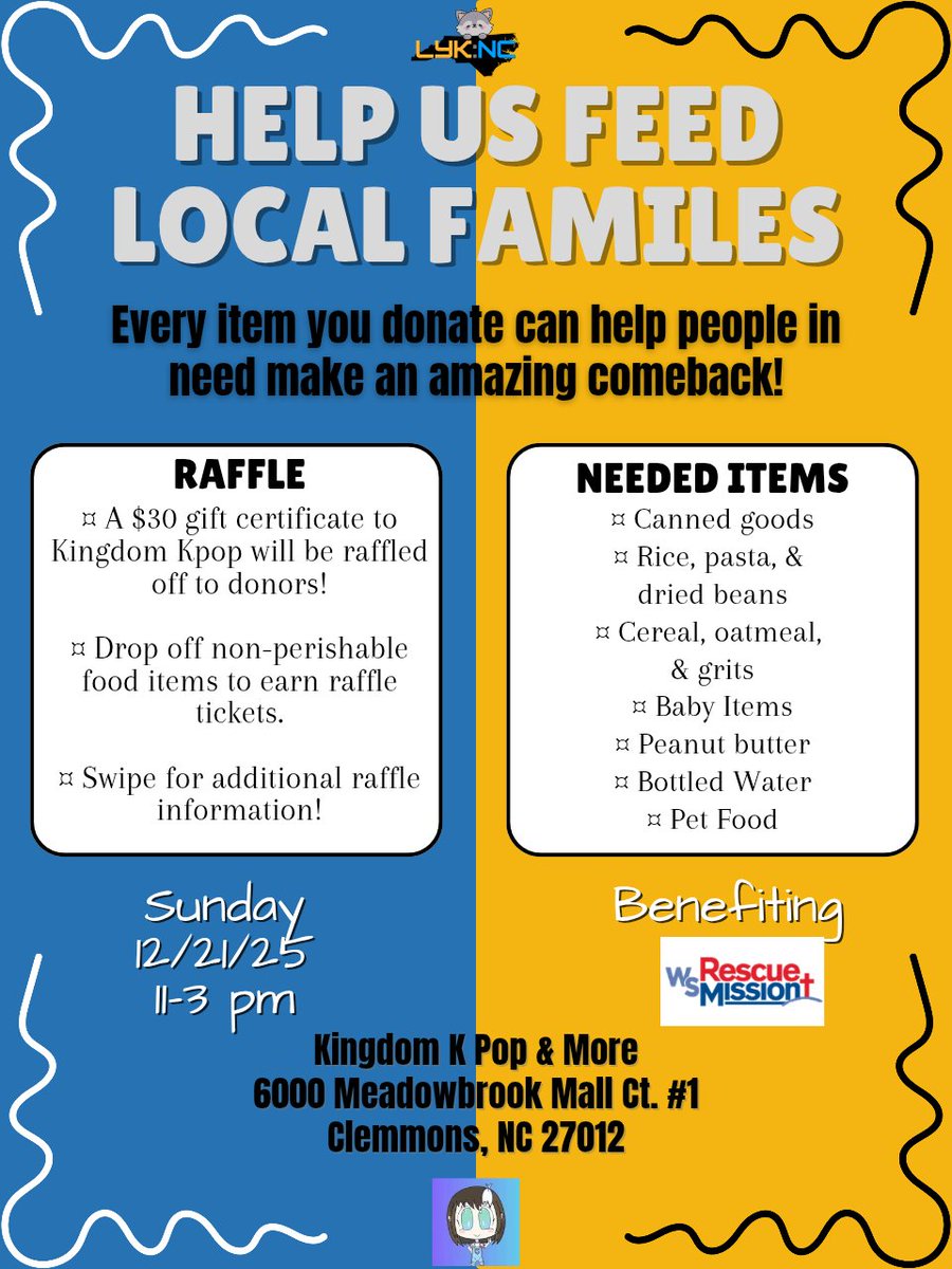 lyknc0705's tweet photo. 🎄HAPPY DECEMBER LYKYOU🎄
LYK:NC is gearing up for its first event! 
We’re partnering with kingdomofkpopandmore to gather supplies for families in need this holiday season!
Bring donations to enter our raffle for a $30 Kingdom gift card!
#GMMTV #lykn #RISERMUSIC #lykyou https://t.co/AX7zKWbAuo