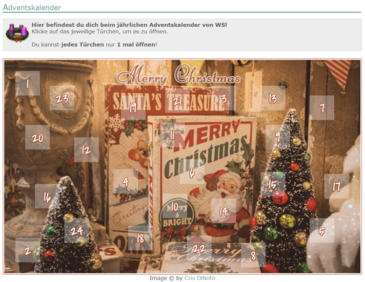 ws_tcg's tweet photo. ADVENTSKALENDER

Heute könnt ihr das 1. Türchen vom WS Adventskalender öffnen.
Jeden Tag warten neue Geschenke auf euch!

https://t.co/PuCHUlj9CE

#ppiupdate #tradingcardgame #tcg #collectiblecardgame #ccg #cardgame #browsergame https://t.co/wXON0b0swn