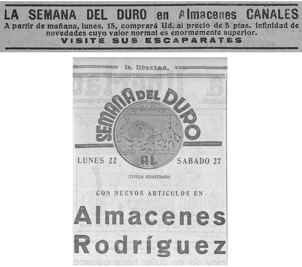Ni #BlackFriday ni #CiberMonday.
Si algo nos enseña la prensa digital disponible en la BVPH es que lo propio de aquí, antes del "Todo a 100" y luego "Todo a 1€", eran las Semanas del Duro, reclamos en almacenes de Madrid, Burgos, Logroño o Santander ya en 1935.
¡A 5 pts, oigan!