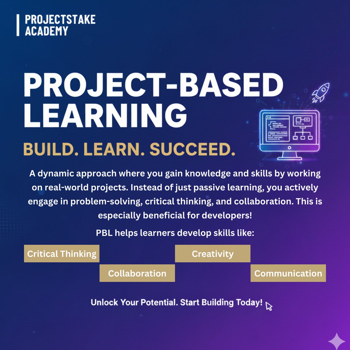 stake_academy's tweet image. Project-Based Learning (PBL) is a great way to improve skills fast. Why? It helps you 

- Grasp concepts, not just definitions
- Apply your knowledge instantly
- Build your portfolio from early on
- Build team and communication skills
- Adapt and stay current with new tech