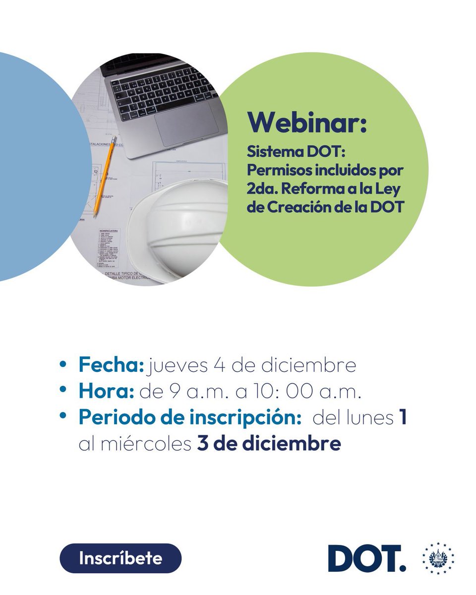 📣 ¡Nuevo Webinar sobre el Sistema DOT!
Acompáñanos este jueves 4 de diciembre, de 9:00 a.m. a 10:00 a.m., y conoce los nuevos permisos y actualizaciones derivados de la 2da Reforma a la Ley de la DOT.
Las inscripciones están abiertas desde hoy hasta el miércoles 3 de diciembre.