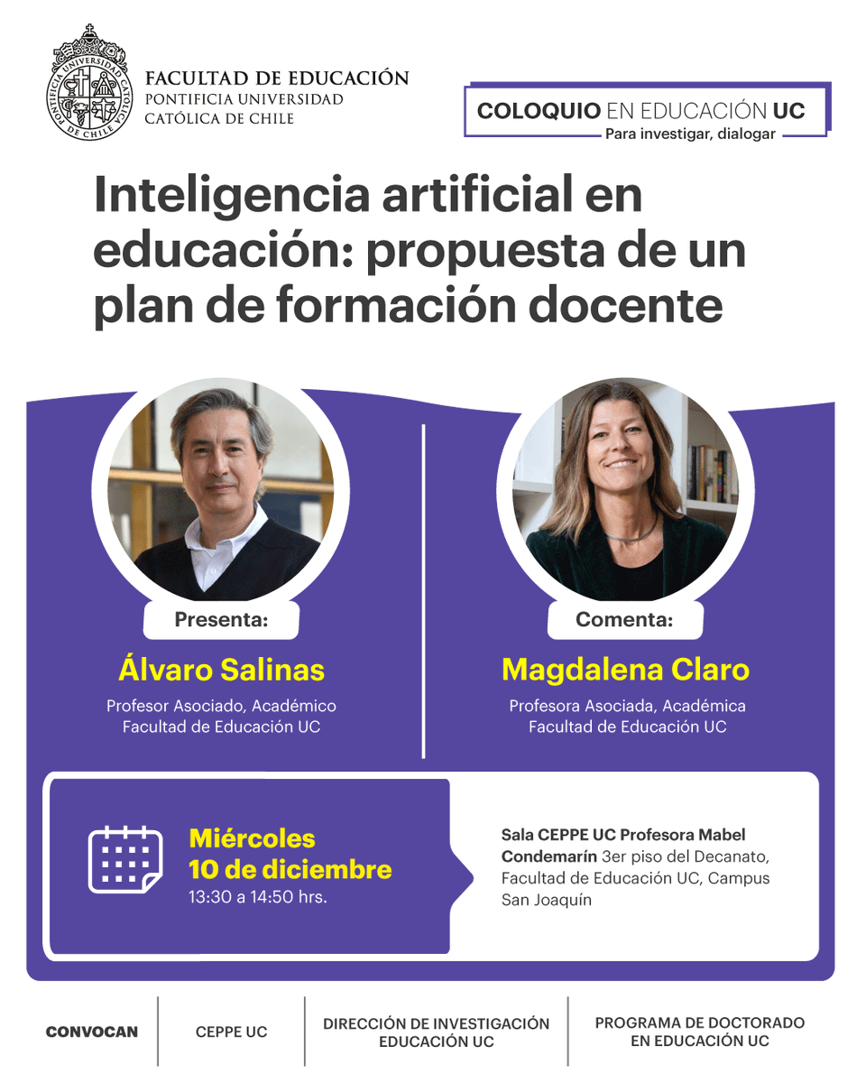 Coloquio #EducaciónUC | Inteligencia artificial en educación: propuesta de un plan de formación docente

🗓 Mié 10 dic | 13:30–14:50 

🔗 Inscríbete: tinyurl.com/4vx87paj

📍 Sala CEPPE UC Convocan: CEPPE UC, Dir. Investigación Ed. UC y Doctorado en Educación ¡Te esperamos!