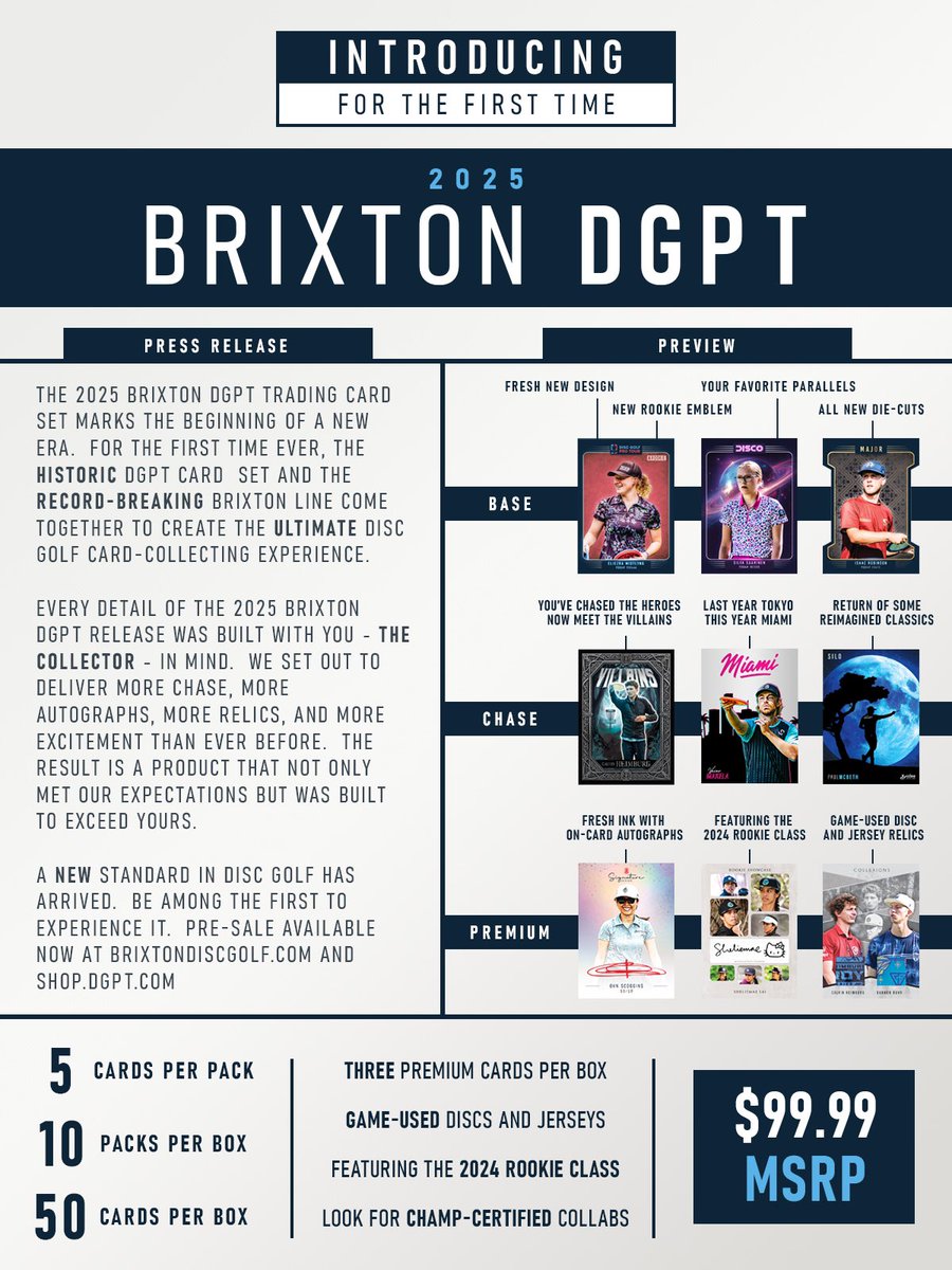 BIG news!

1. The DGPT and Brixton flagship products have merged to create one VERY impressive super product

2. the presale is available now on Brixton and DGPT site

brixtondiscgolf.com/2025brixtondgp…

Learn more with the graphic below! More info coming soon.
