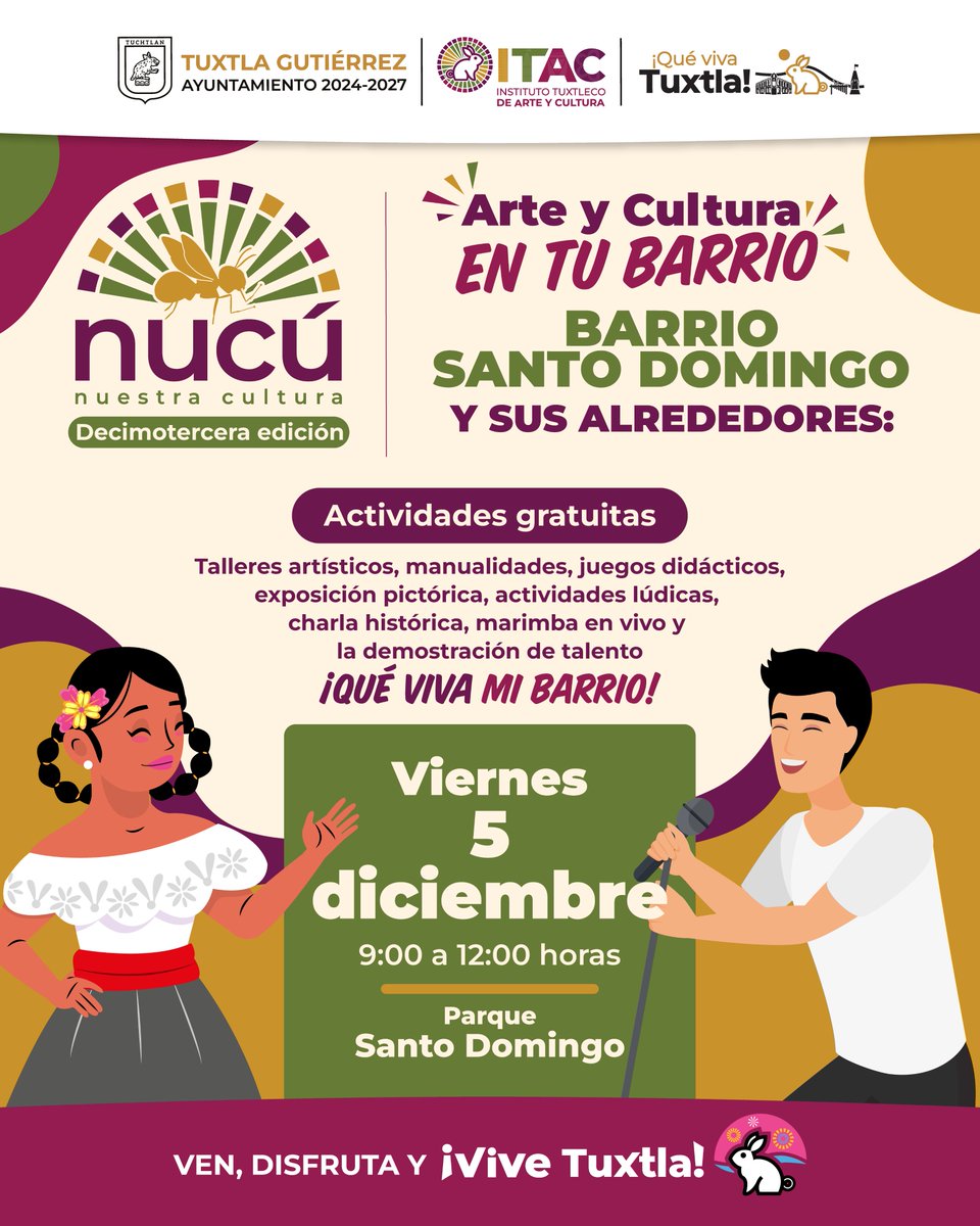 🐜 Asiste a la última edición del programa Nucú de este año.

🗓 Viernes 5 de diciembre
🕘 9:00 a 12:00 h
📍 Parque Santo Domingo.

#ViveTuCultura #ITAC #SomosITAC