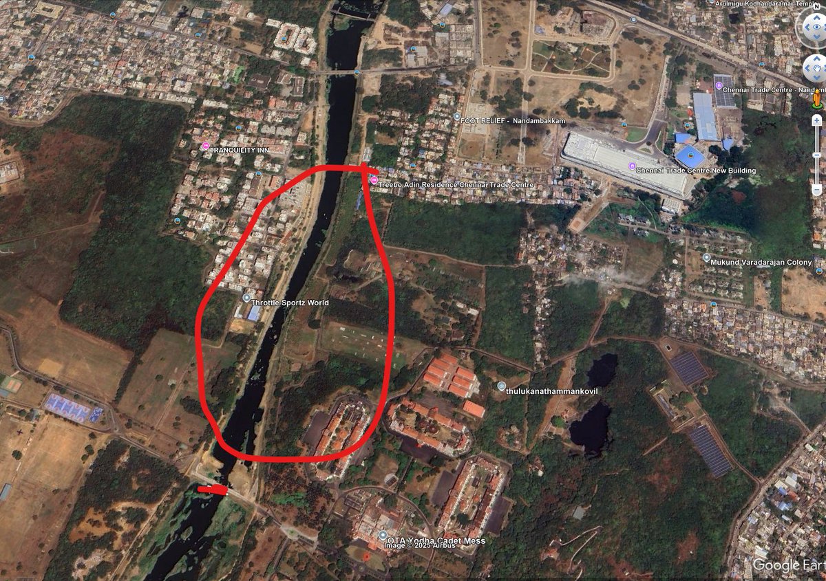 TNFloodmodeller's tweet image. It is possible to mitigate the backwater effect from the Adyar River toward the airport. Currently, water tends to “pile up” near the OTA stretch because the bridge restricts the flow. The OTA bridge therefore needs to be reassessed, and the downstream reach of the Adyar River…
