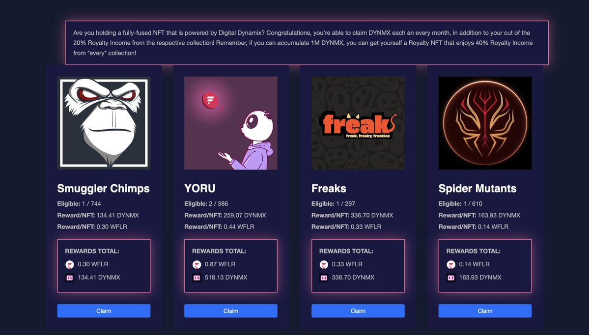 🥳 Happy Reward Day! 🤑

It's the 1st of the month which means it's time for $DYNMX distributions, claimable for anyone that holds 1 or more fully-fused Digital Dynamix powered #NFT!

BONUS: Also Flare Drop day, don't forget to claim your $FLR!

digitaldynamix.co.uk/rewards