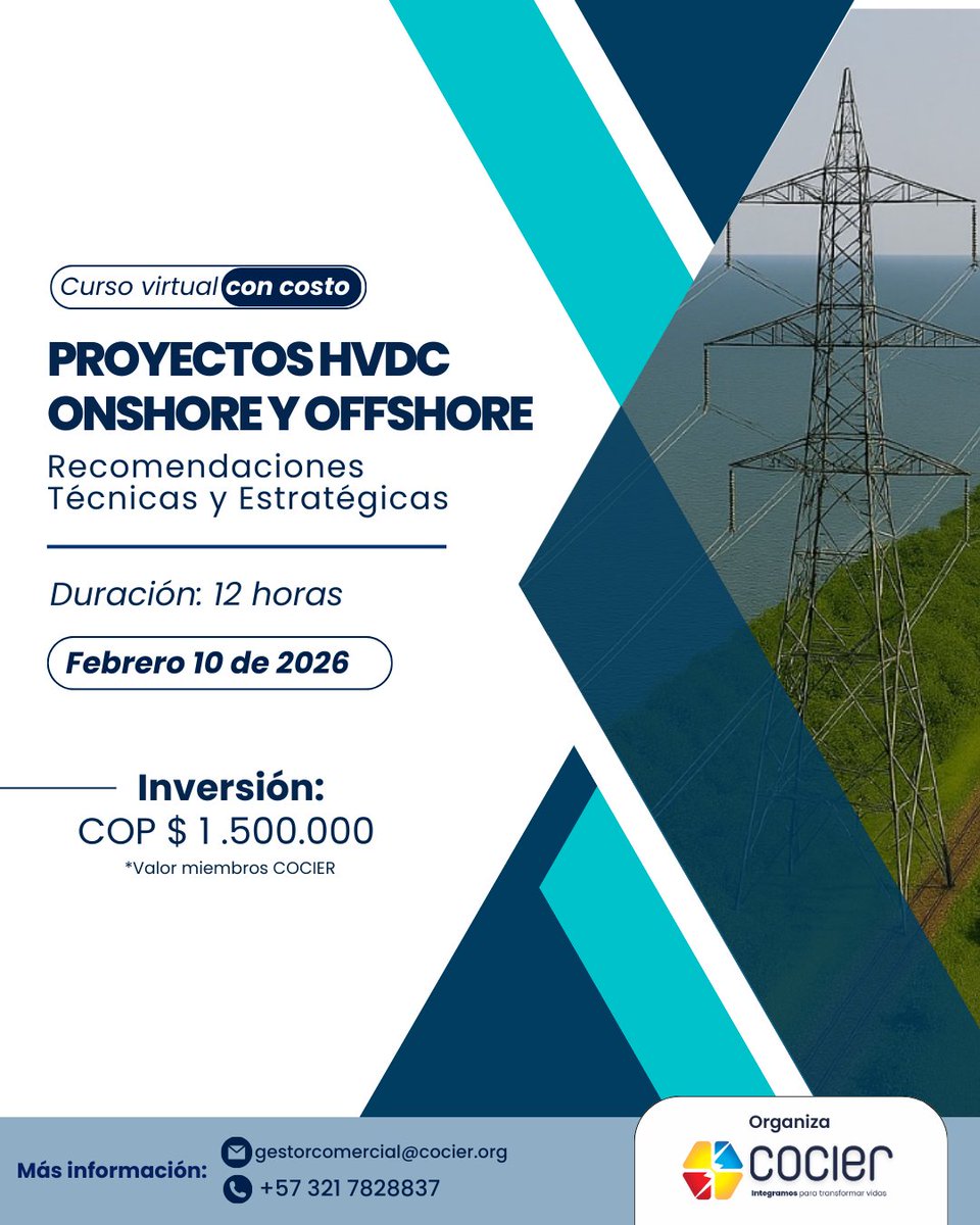 El curso Proyectos HVDC Onshore y Offshore te brindará las herramientas técnicas y estratégicas para participar —y liderar— los proyectos que están transformando las Redes eléctricas en HVDC de América Latina.

Inscríbete: forms.office.com/r/h2AhTkhGJp

#HVDC #TransmisiónEléctrica