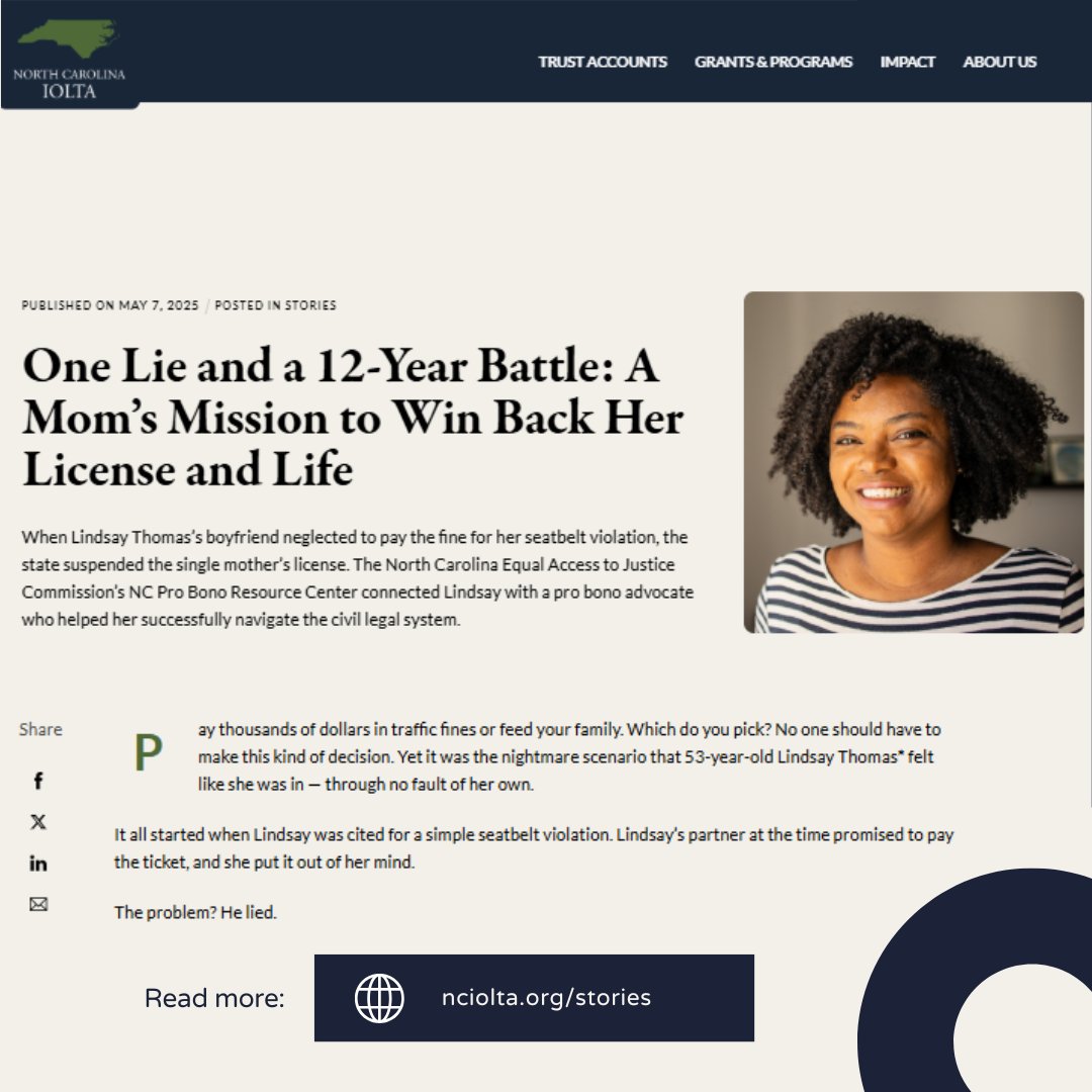 NC IOLTA (North Carolina Interest on Lawyers’ Trust Accounts) is revisiting our 2025 stories about the individuals, families and communities that have benefited from the work of our grantees.

Read Lindsay’s story: nciolta.org/one-lie-and-a-…

#NCIOLTA #ProBono #AccessToJustice