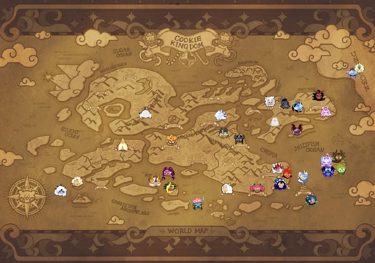 Hwa_riii's tweet image. 유추 가능한 레전더리 쿠키들의 대륙별 거점(시관국, 무령비림은 위치불명)
확실히 서부가 가장 쿠키들에 의한 개척이 많이 이루어진 것 같기도....?