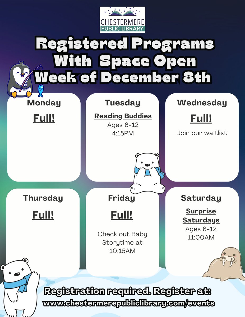 ChestermereLib's tweet image. Did you forget to register for our programs next week? Don&apos;t fret, these are the programs that have space open! We have one more week of programs left!
Register on our website at chestermerepubliclibrary.com/events