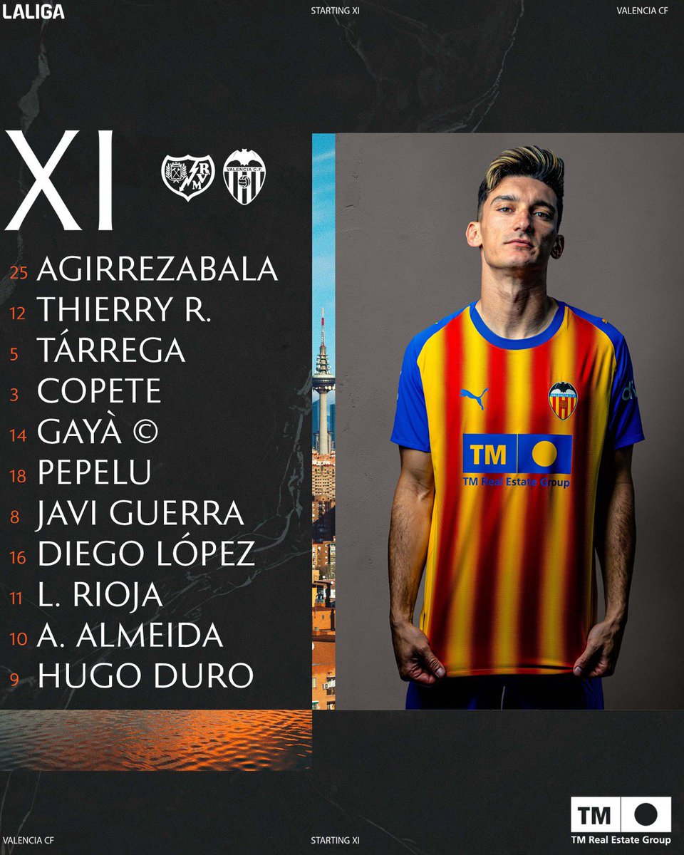 🚨 El XI para Vallecas. Danjuma suplente, como hemos contado a las 14.30h en <a href="/DepCOPEValencia/">Deportes COPE Valencia</a>. 

🦇 Corberán da continuidad en el centro a Pepelu, Javi Guerra y Almeida. Merecida la titularidad de Hugo Duro