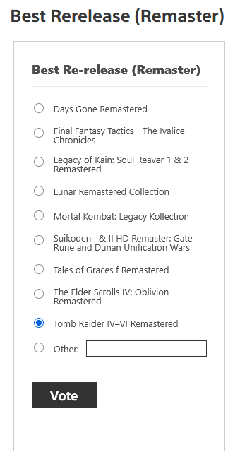 CoreDesign_com's tweet image. 📢 Vote for Tomb Raider IV-VI Remastered in the Best Rerelease category for the PS Blog Game of the Year Awards 2025!

Vote here ➡️ blog.playstation.com/2025/12/01/ps-…