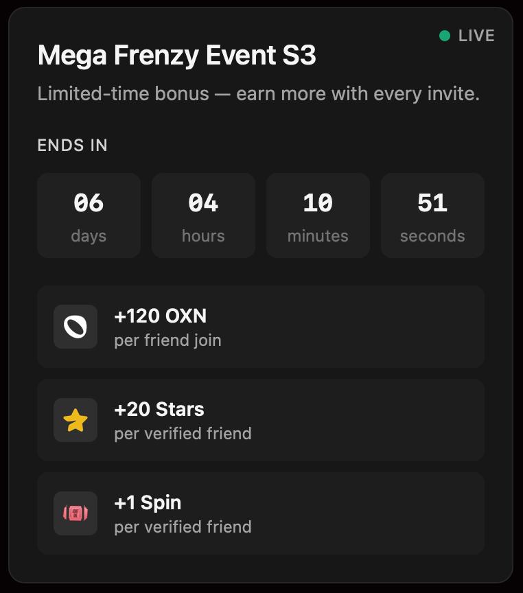 🎯 Only 6 Days — Jump In NOW!

⌛️Mega Frenzy V3 Event Ending Soon!

💰 Time to supercharge your rewards — invite your frens &amp; earn more!

🔥 Stack $OXN, TON &amp; Spins all at once — don’t sleep on this chance to farm bigger, faster, and better.

🎉 Invite your frens, grow your crew,