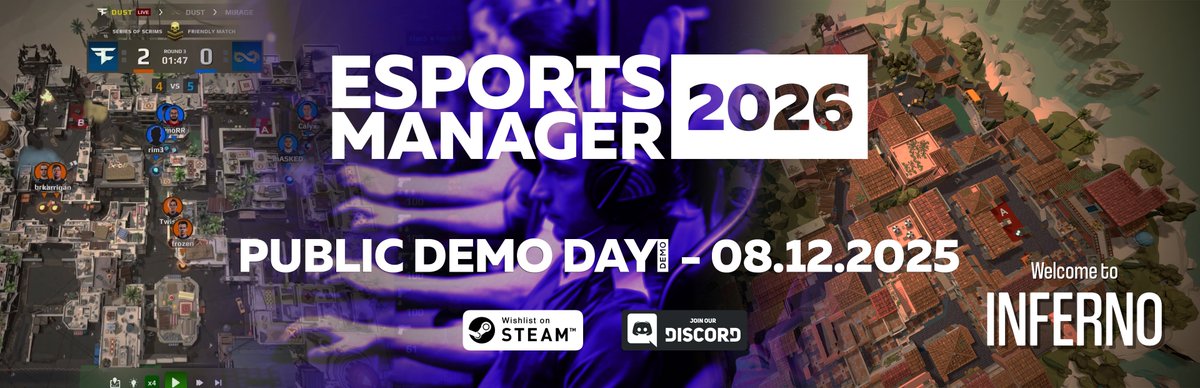 Official public demo starts on 08.12.2025. 
The main goal is to collect your feedback about pretty much everything. Roughly 70% of the features are already in the game. 1 month of a gameplay.
#em26 #esports #esportsmanager