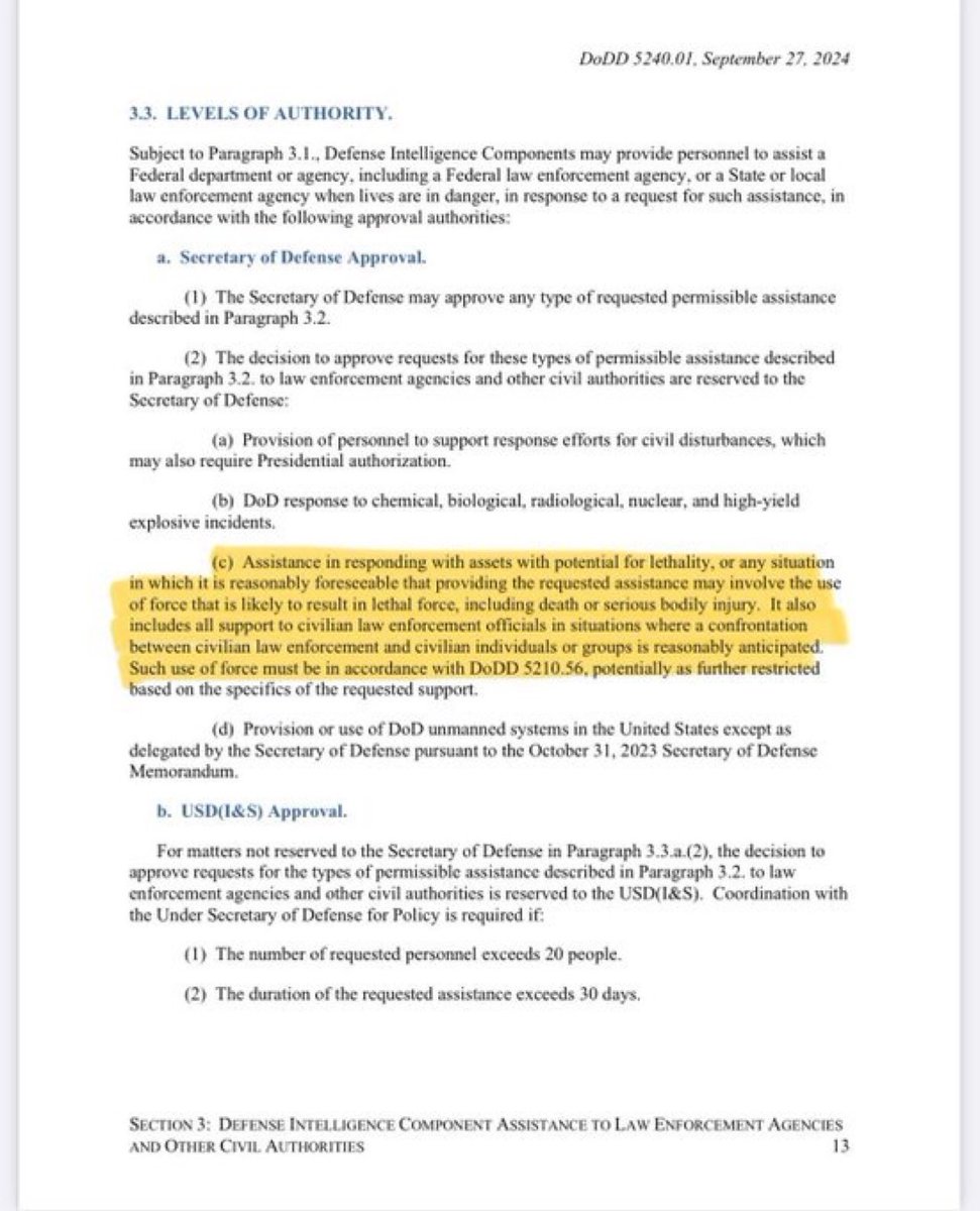 Just so we are crystal clear…

The DoD directive started under the Biden Administration (Sept. 2024) which states that “LETHAL FORCE, INCLUDING DEATH OR SERIOUS BODILY INJURY” can be used against American citizens by the Military, working with law enforcement under “reasonably