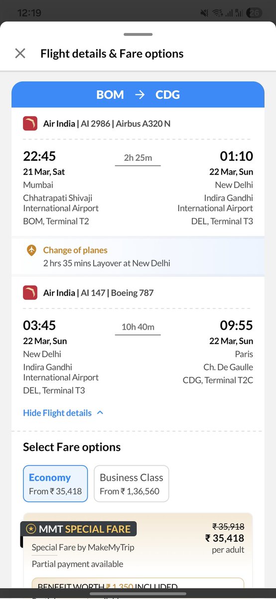 NitzAshra's tweet photo. @airindia I am looking for flight from New Delhi to Paris (arrival date 22nd Mar'25) and the direct flight is costing INR 41.5k per person. If I look a flight from Mumbai to Paris (arrival date 22nd Mar'25) then it is costing me INR 35k per person. https://t.co/AgubZvLrlv