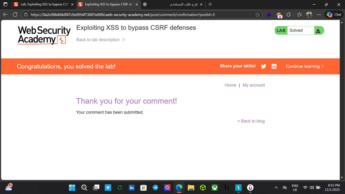 I completed the Web Security Academy lab:
Exploiting XSS to bypass CSRF defenses
LAB 26✅
<a href="/WebSecAcademy/">Web Security Academy</a>
 portswigger.net/web-security/c…