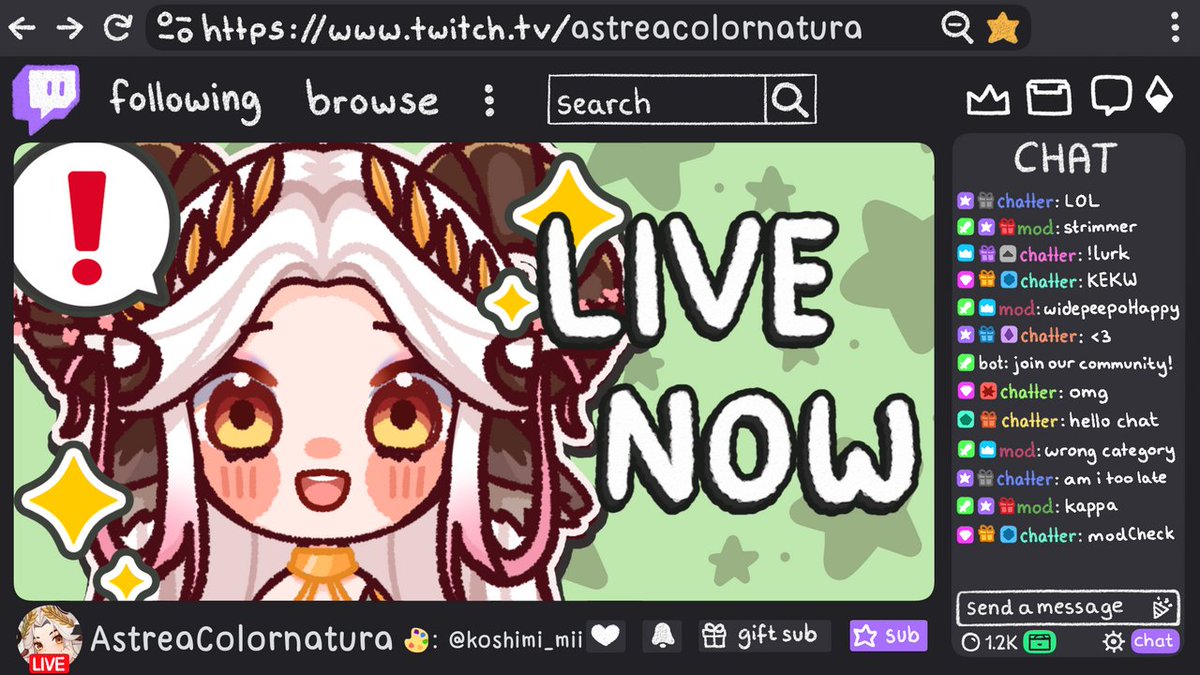 ✨STREAM ANNOUNCEMENT✨   

Astrea is now 🔴 on Twitch and YouTube!

She is now playing Just Chatting! 

🔗 in bio!