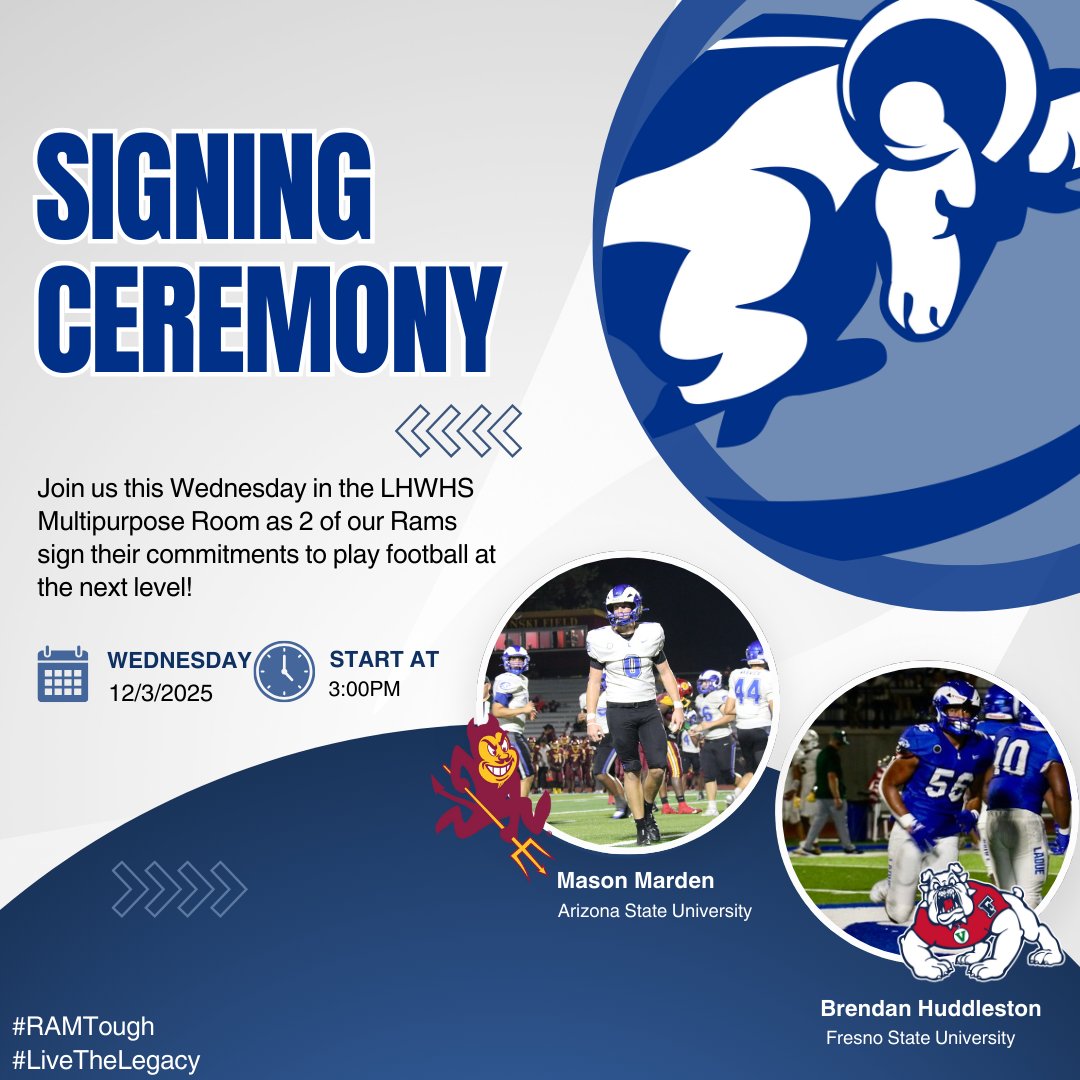 LadueRamsFB's tweet image. Join us Wednesday in the LHWHS Multipurpose Room as we celebrate two of our Rams signing to play at the next level! Ceremony starts at 3pm. #RAMTough #LiveTheLegacy