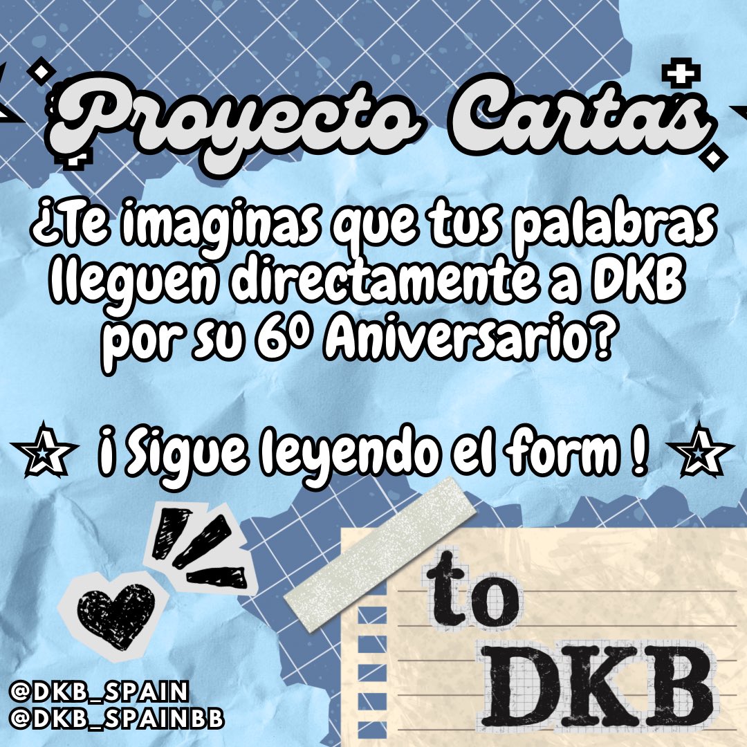 ✨ 𝐏𝐑𝐎𝐘𝐄𝐂𝐓𝐎 𝟔º 𝐀𝐍𝐈𝐕𝐄𝐑𝐒𝐀𝐑𝐈𝐎 ✨

Hola BB ~ ⋆𐙚₊˚⊹♡

¿ Te imaginas que tus palabras lleguen directamente a DKB ?

¡ Queremos hacerlo posible a través de este proyecto !   ༘⋆♡⸝⸝💌⊹。°˖➴

👇🏻Más detalles👇🏻
forms.gle/rcwHYdi4EKZ7Gg…

#다크비 #DKB