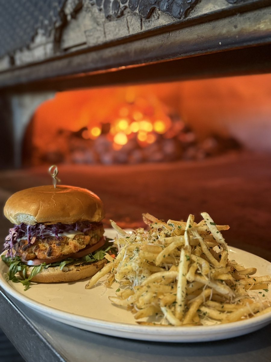 Salmon burger and our truffle fries!  What more could you need?