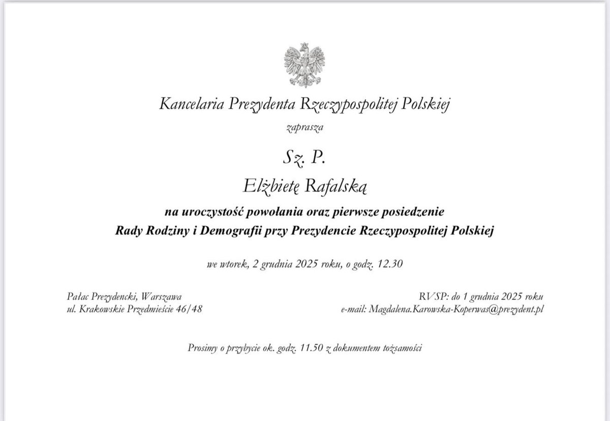 Panie Prezydencie🇵🇱bardzo dziękuję za powołanie do Rady Rodziny i Demografii, traktuję to jako zaszczytne wyróżnienie ale przede wszystkim jako zobowiązanie do odpowiedzialnej i merytorycznej pracy 🏋️na rzecz rozwiązywania istotnych dla Polski problemów.